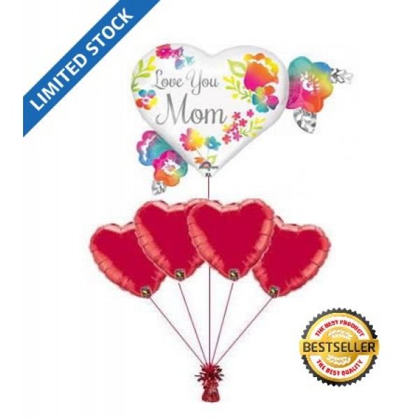 Love You Mom Red Hearts Balloon Bouquet 5pc
